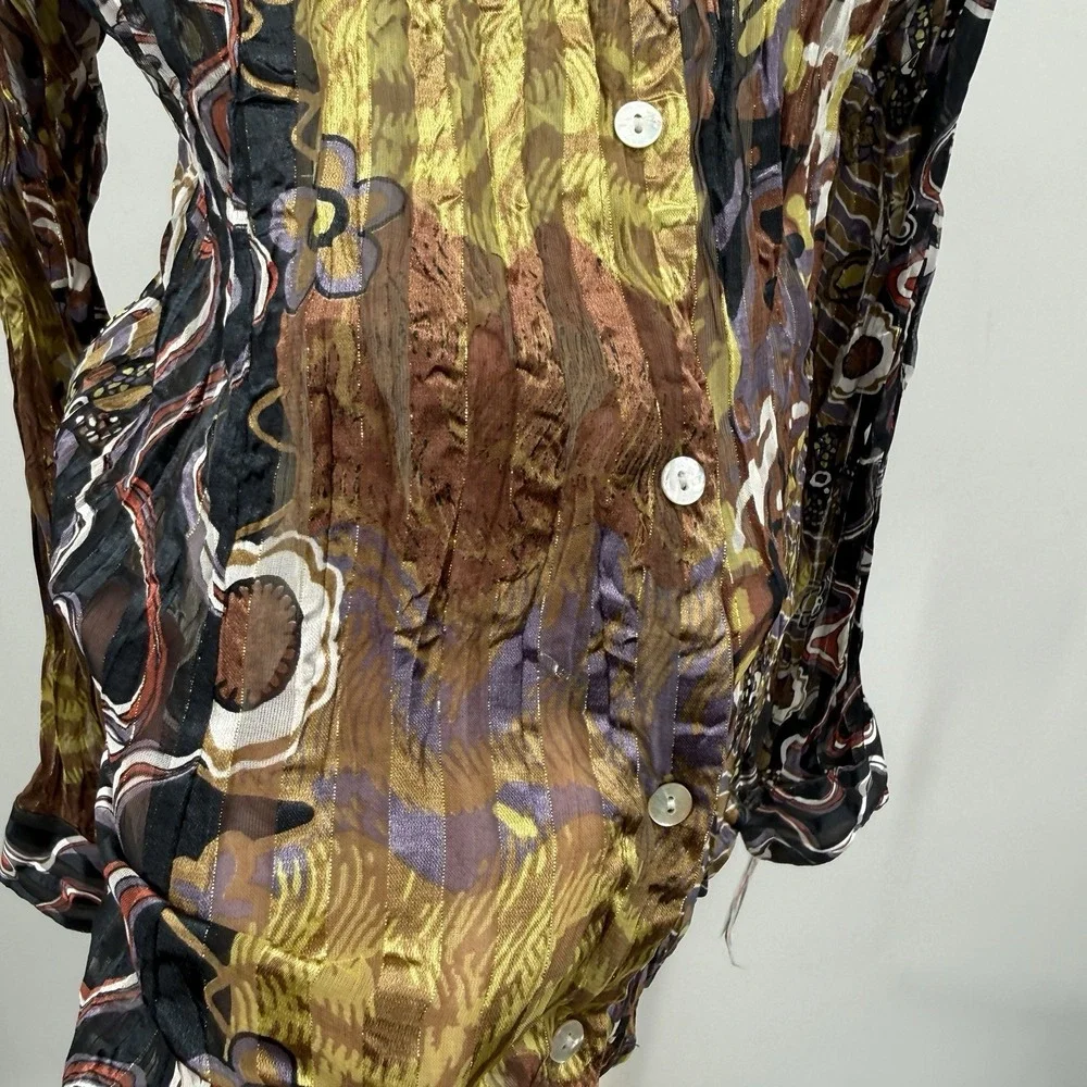 Belissimo New York XL Sheer Crinkle Blouse Metallic Abstract Print NWT‎ Top Boho